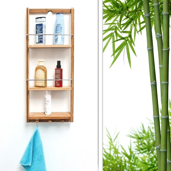 Relaxdays 10017163 Bambu väggmonterad badrum/kökshylla, 3 hyllor,... ljusbrun, silverfärgad