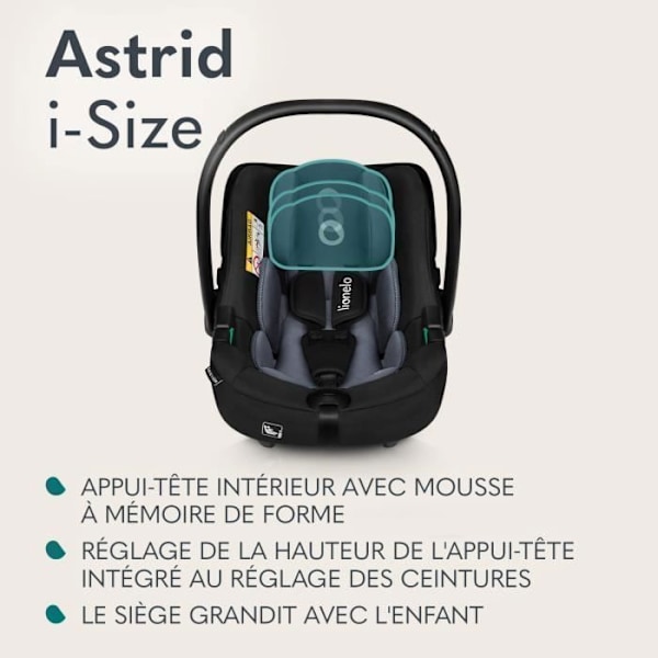 Bilbarnstol 40-87 cm LIONELO Astrid i-Size - Babyskydd - ADAC - Lätt - 0-13 kg - Grupp 0+ - Svart svart och grått