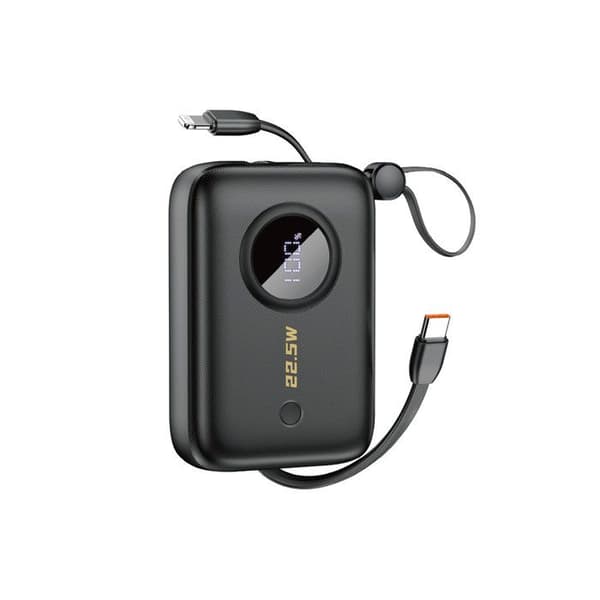 Extern batteri 10 000 mAh med USB-C/Lightning-kablar, svart