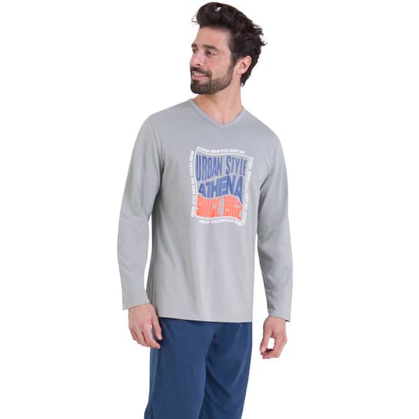 Pyjamas lång V-hals man Ecopack Serigrafi Athena Grå-Marin M