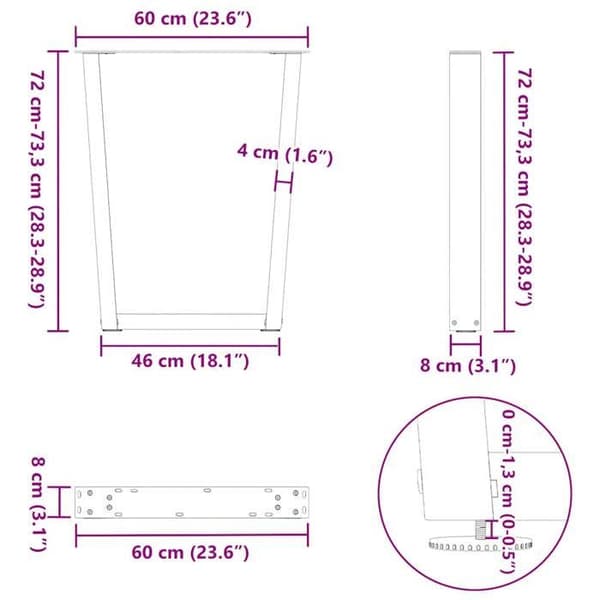 vidaXL V-formade matbordsben, 2 stycken, vit, 60 x (72-73,3) cm, stål 4012641