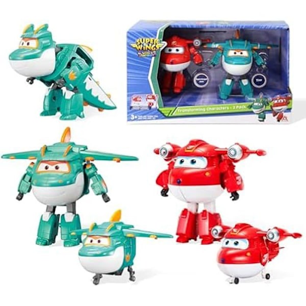 "Super Wings 5" Förvandlande Karaktärer 2-Pack Förvandlande Superladdad Jett + Tino, Transformersleksak för 3+ År Gammal Pojke Flicka" Röd
