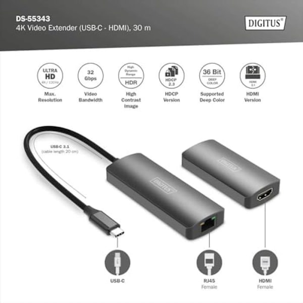 USB-C till HDMI-extender - DIGITUS - DS-55343 - UHD 4K 120 Hz - 30 m - Sändare & mottagare kit Svart