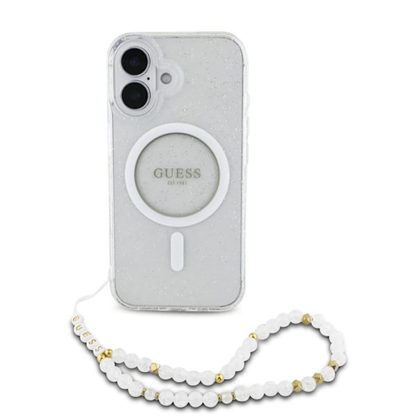 Coque Guess IML Glitter med pärlemorarmband MagSafe för iPhone 16 Plus (transparent)