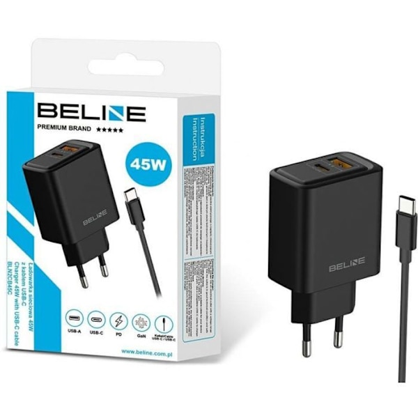 Laddare - väggadapter Beline Väggladdare 45 W GaN USB-A/USB-C + kabel USB-C/USB-C BLN2CB45C svart