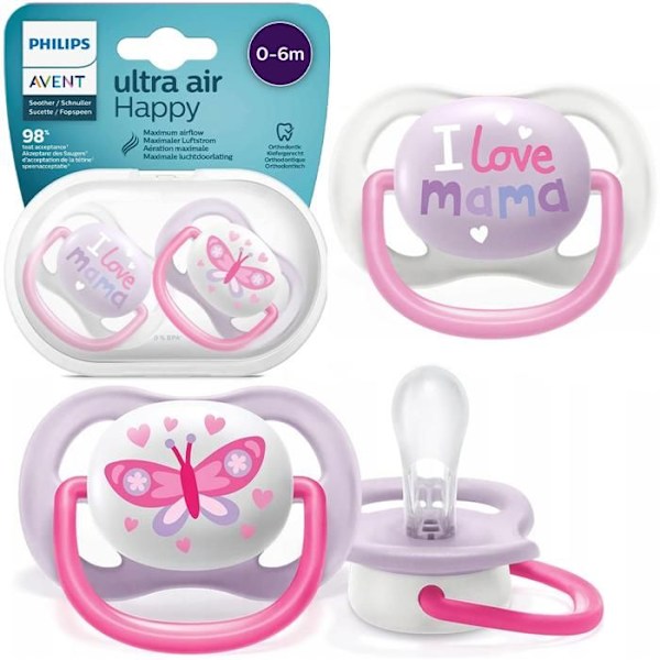 Avent Symmetrical Ultra Air Napp +0m Love Mama Pink Set med 2 - Avent Brand - Tillplattad Napp - Silikon rosa och lila