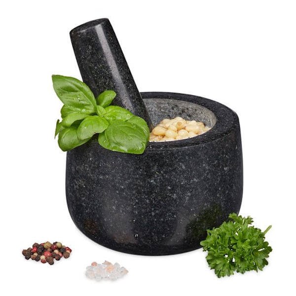 Relaxdays Mortel i granit med stötte, robust, för kryddor, örter, mortel i polerad sten, d. 12 cm, 300 ml, grå svart