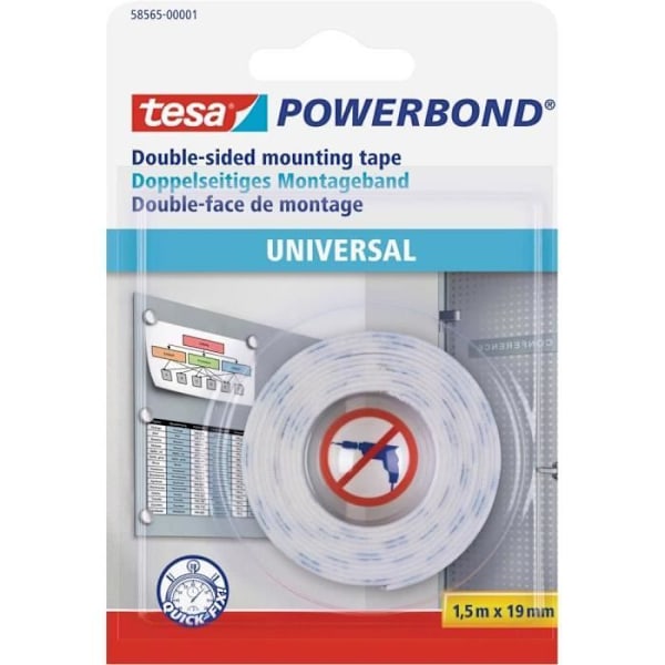 Tesa® POWERBOND TESA 58565-01-00 dubbelhäftande tejp vit (L x B) 1,5 m x 19 mm 1 spole(ar) Vit