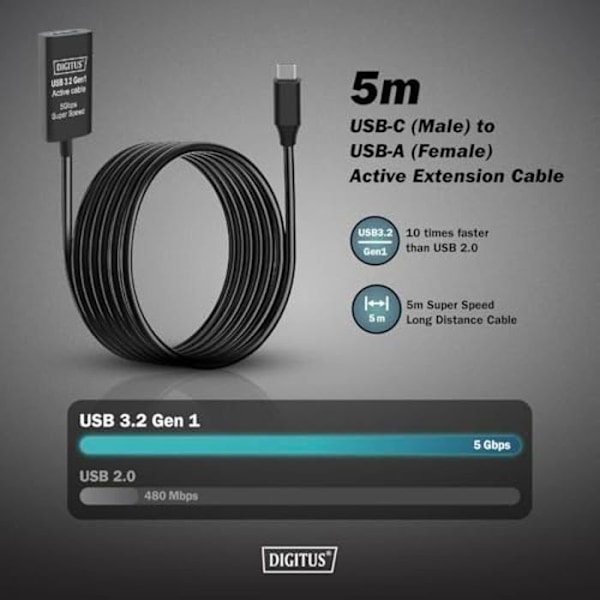 USB-förlängningskabel - DIGITUS - USB-A hona till USB-C hane - 5 m - 5 Gbit/s - Plug & Play