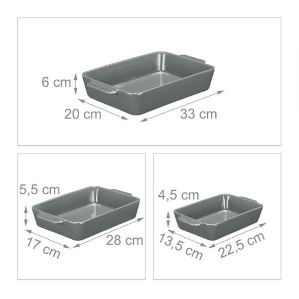 Relaxdays set med 3 ugnsformar i keramik; lasagneform; tiramisuform; mikrovågsugnform; ugnstillagning; grå grå