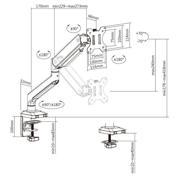 Ergo Office Universal Monitor Skrivbordsfäste, Gasfjäder 17"-35" 15kg, VESA 75x75 - 100x100, ER-445