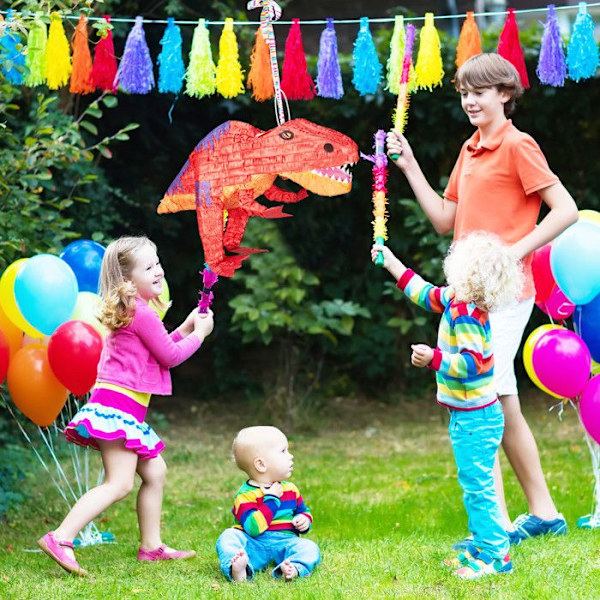 Relaxdays Pinata att hänga Dinosaurie T-Rex, För barn, att fylla, födelsedagslekar dekoration papper, röd mörkröd, orange, lila