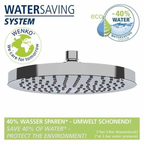 WENKO Vattensparande regnduschhuvud, italienskt duschhuvud, 40 % vattenbesparing, plast, ø 20 cm, krom