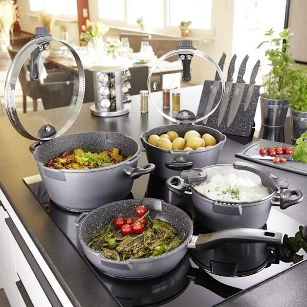 STONELINE® FUTURE Kokkärlsset 8 st - med glaslock med silfunktion - Non-stick beläggning - Induktion antracit (kropp) Svart (handtag)