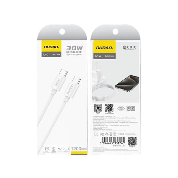 USB-C-kabel - DUDAO - L4C - 30 W (PD) - 2 m - Vit flätad nylon Vit