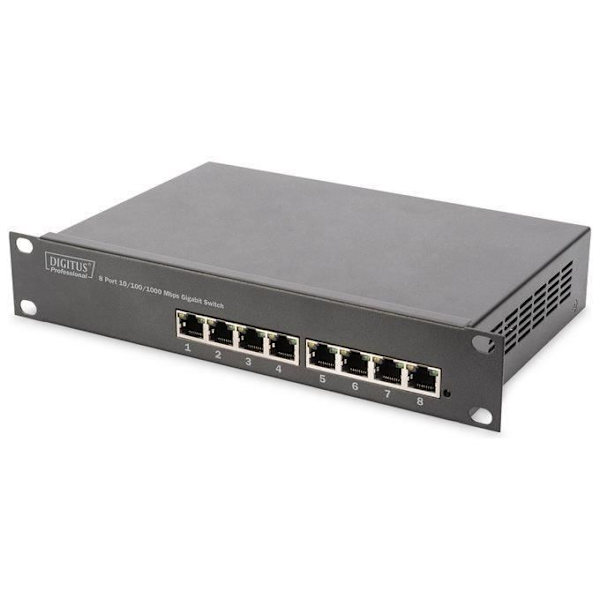 DIGITUS 10 tums set - 6U nätverksskåp Svart - Surfplatta - Power Strip - 8 Port Patch Panel - 8 Port Gigabit Switch