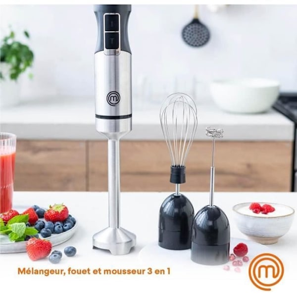 MasterChef Stavmixer, Soppa Blender, Elektrisk Potatismosare 3 i 1 med Visp och Mjölkskummare, 2 Hastigheter, Klinger i Rostfritt Stål