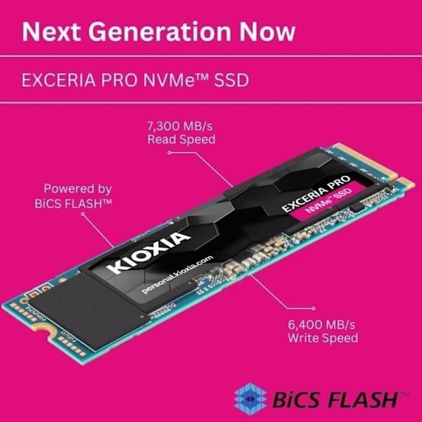 SSD - KIOXIA - EXCERIA PRO - 1 To, M.2, 7300 Mo/s läsning, 6400 Mo/s skrivning, för bärbar dator