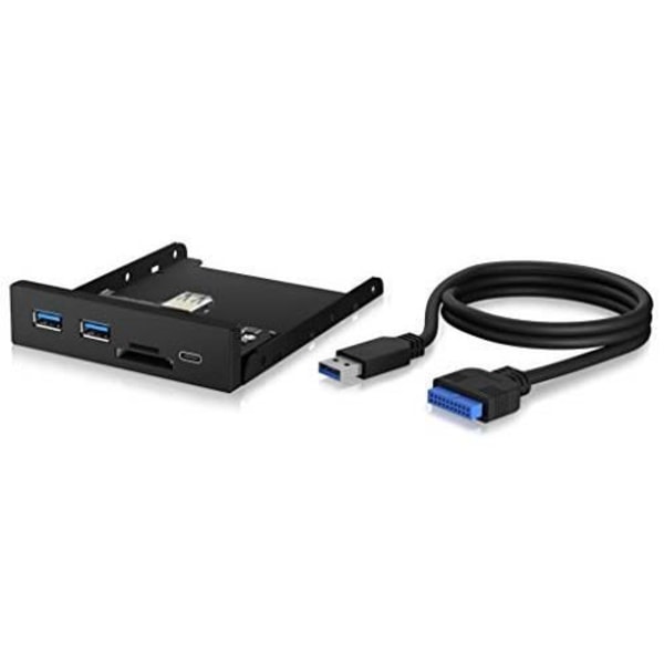 ICY BOX USB 3.0 frontpanel, 1x USB-C, 2X USB-A, SD- och microSD-kortläsare, 3,5 tum intern, metall, svart