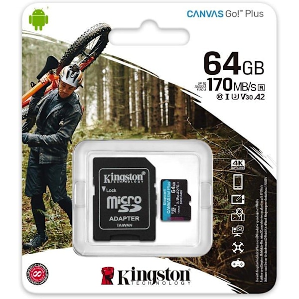 Kingston SDCG3/64GB microSD-minneskort (64GB microSDXC Canvas Go Plus 170R A2 U3 V30 med SD-adapter)