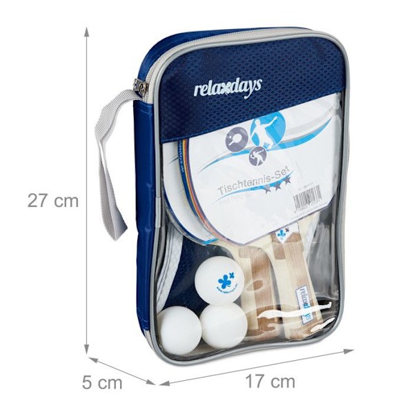 Relaxdays set för att spela pingis, med 2 racketer, 3 bollar, 1 nät och 1 transportväska, flerfärgad Blå