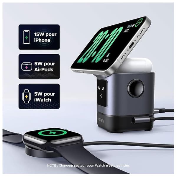 Laddstation 2 i 1 - UGREEN - Robot - Qi2 - Svart Anodiserad grå