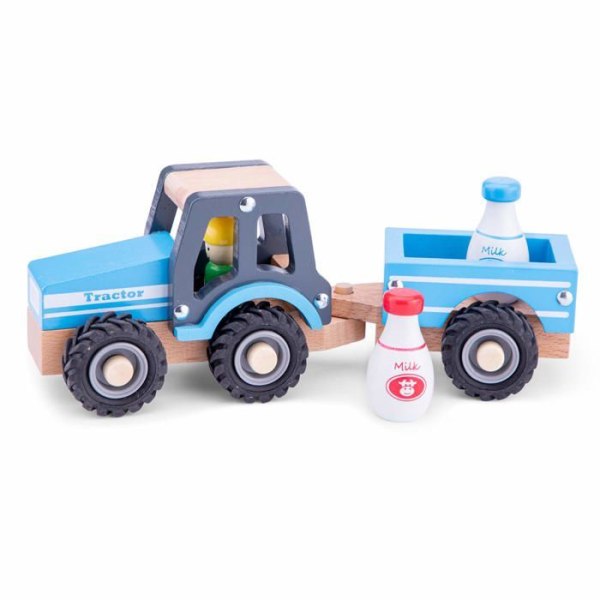 Nya klassiska leksaker - 11942 - Traktor med släp för mjölkburk Träleksak för barn, blå