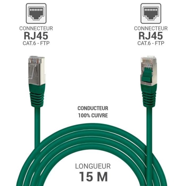 RJ45 Ethernet nätverkskabel Cat 6 FTP 33538 skärmad 250MHz 100% kopparledare Längd 15m Grön