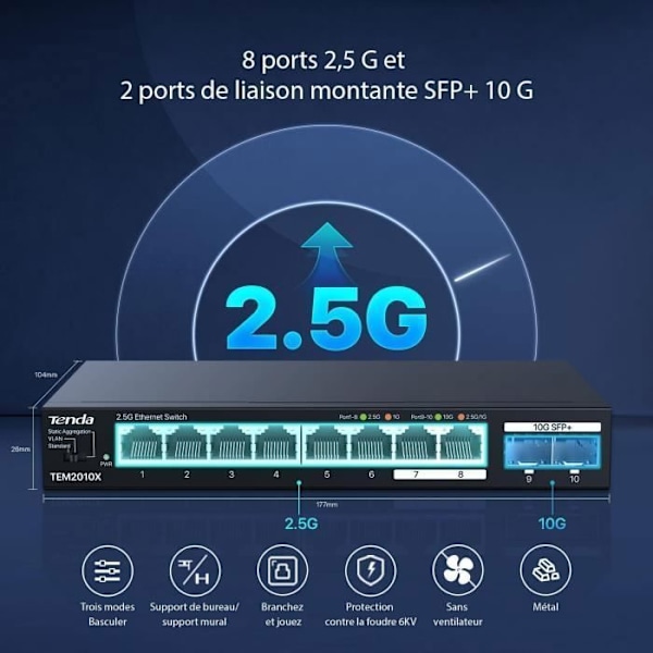 Switch Ethernet 2,5G - Tenda - TEM2010X - 8 portar RJ45 - 2 portar SFP+ 10G - VLAN, Statisk Aggregation