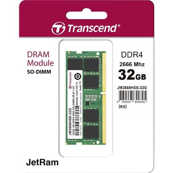 TRANSCEND JetRAM DDR4-minne - 32 GB - SO DIMM 260 stift - 2666 MHz / PC4-21300 - CL19 - 1,2 V
