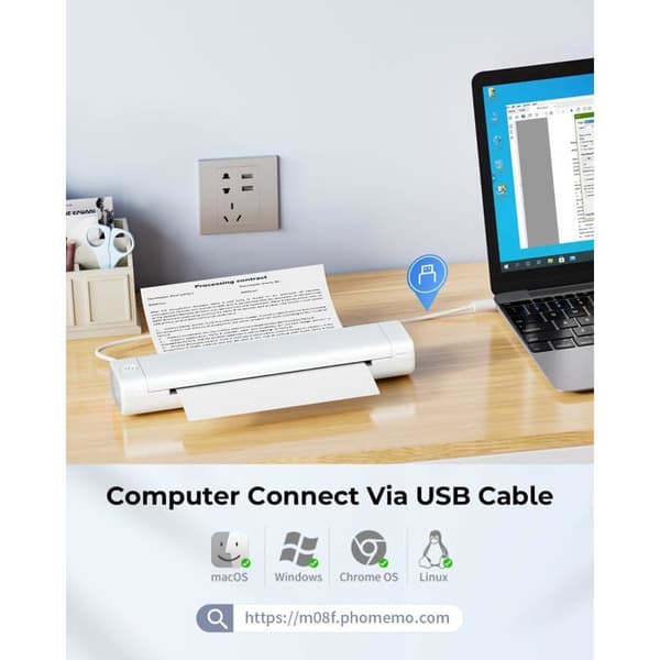 Phomemo M08F — Trådlös A4 termisk skrivare utan bläck, Bluetooth & USB, vit