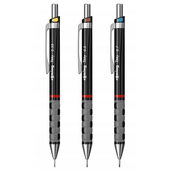 rOtring Tikky, set med 3 mekaniska pennor Svart, HB 0,35/0,5/0,7 mm, transparent fodral