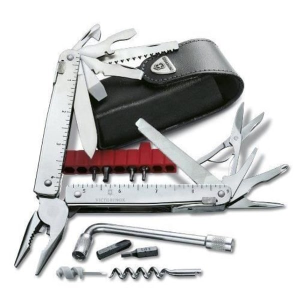 Multifunktionell schweizisk armékniv - Victorinox - 3.0338.L - Polerat rostfritt stål - Läderfodral - Unisex kromat kropp, kromat verktyg, röd o