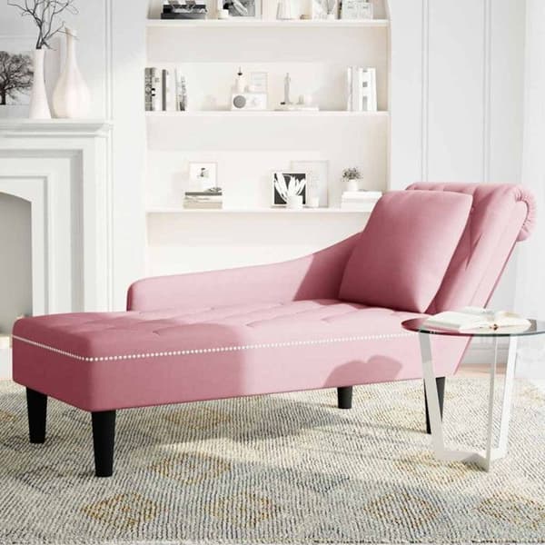 Lång fåtölj med kudde och högra armstöd i rosa sammet