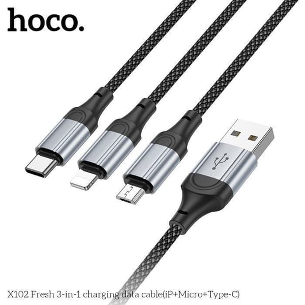 HOCO 3-i-1 USB till Lightning (iP) / USB-C / Micro-USB 1 m - Flätad nylon, 2.4A