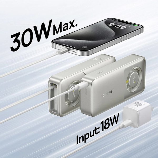Powerbank 10 000 mAh, 30 W, inbyggd typ C-kabel - Baseus Free2Pull (P10073701843-00) - Grå