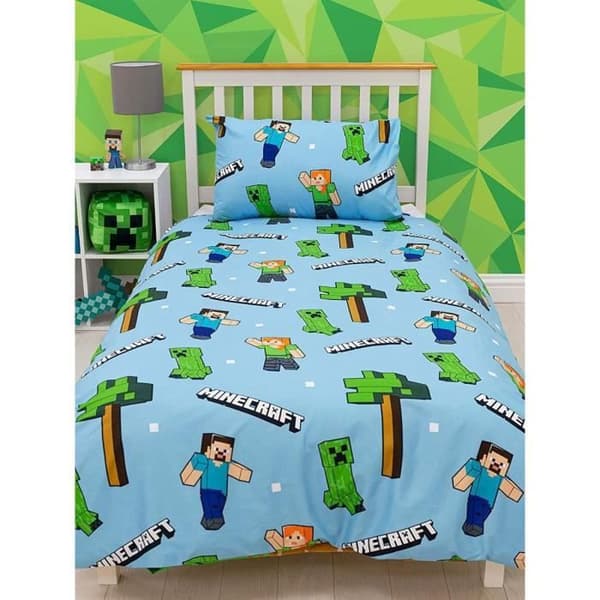 Enkel Minecraft Epic-sängkläder - Rotationsdesign - Blå - Grön