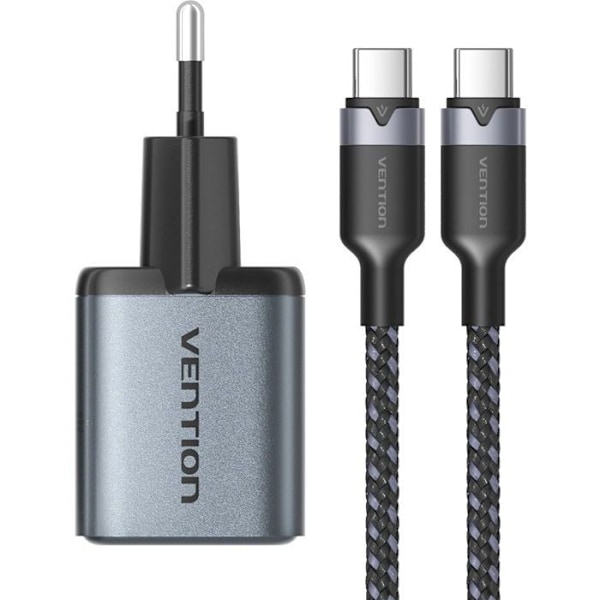 Vention USB-laddare (C A) GaN med 2 portar (30W/18W) grå med USB-C till USB-C-kabel (1M) svart EU-plugg