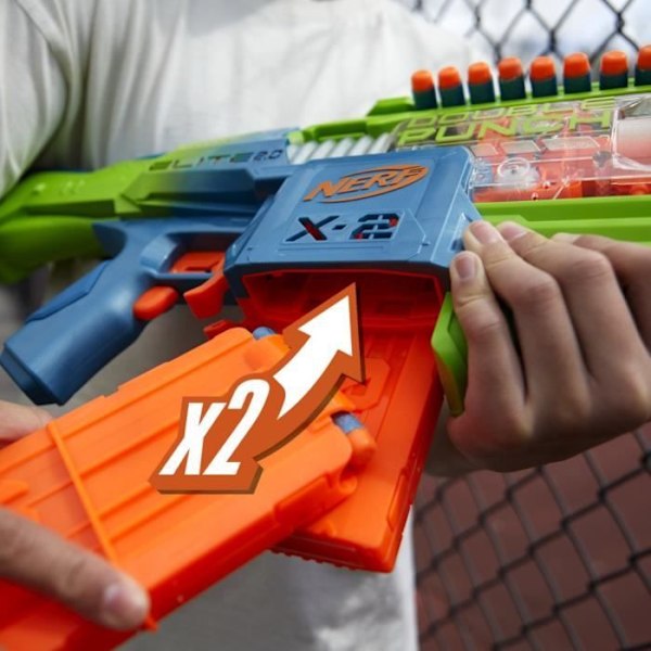 Nerf Elite 2.0 Double Punch Motorized Blaster, snabba fram- och återgående pipor, 50 Nerf Elite Dart, 2 10-Dart magasin, från 8 Flerfärgad