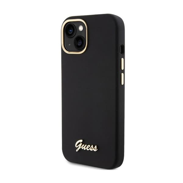 Guess Silicone Script metalllogotyp och ram - iPhone 15-fodral (svart)