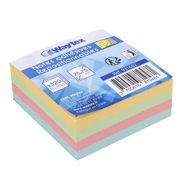 Klistret anteckningar - Noname - Block 320 ark - 75 x 75 mm - Pastellfärger - Återanvändbart lim Pastell