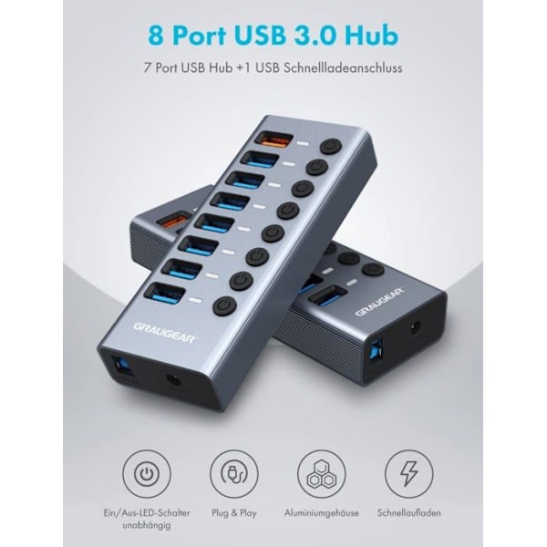 HUB USB - GRAUGEAR - G-HUB71-A - 7 portar - Snabbladdning - Aluminium