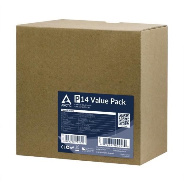 ARCTIC P14 Value Pack, PC-fodral, Kylare, 14 cm, 1700 rpm, 0,3 sone, 72,8 cfm