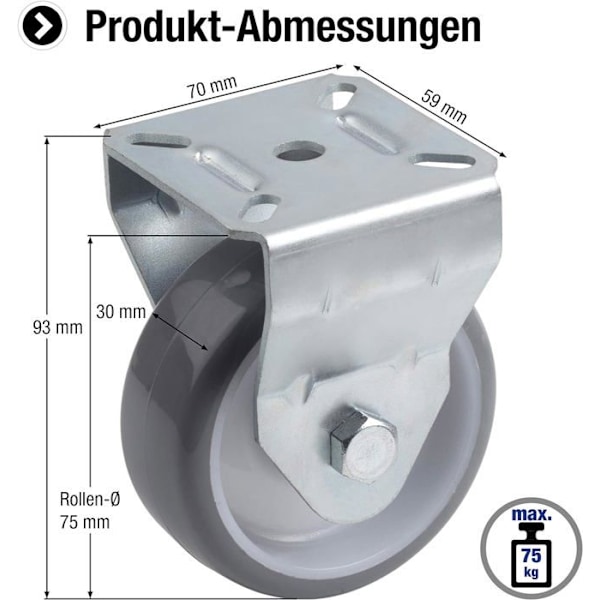 Hjul - hjul Meister - 802910 - Fast polyuretanhjul Diameter 75 mm, 70 x 59 mm, rullager