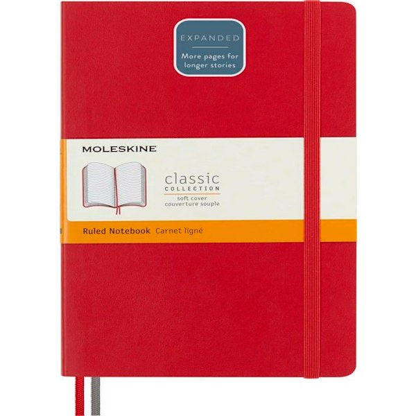 Moleskine - MS-606211 - Klassiska anteckningar L (13x21 cm), linjerad, mjukt omslag, skarlet röd, 400 sidor, röd
