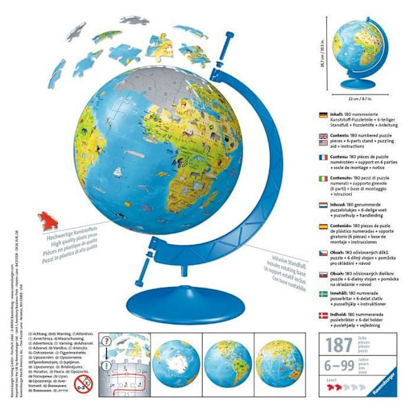 3D jordglobspussel 180 bitar - Ravensburger - Utbildning - Inget lim - från 7 år och uppåt Blå Grön Gul