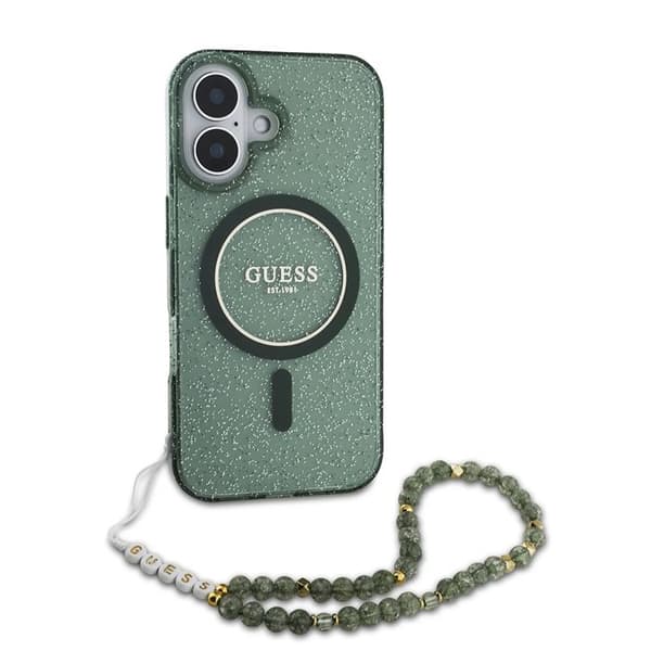 Coque Guess IML Glitter MagSafe med pärlrem för iPhone 16 Plus - Grön Grön
