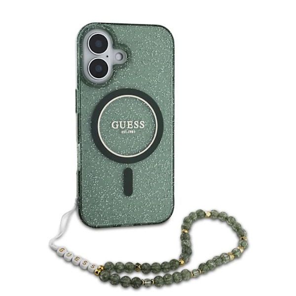 Coque Guess IML Glitter med pärlarmband MagSafe för iPhone 16 Plus (grön)