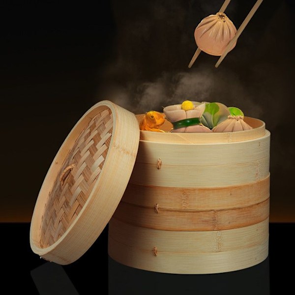 Relaxdays bambustång, asiatisk ångkokare med 3 våningar, för Dim Sum, ris, bambustång, Ø 24 cm, natur. ljusbrun