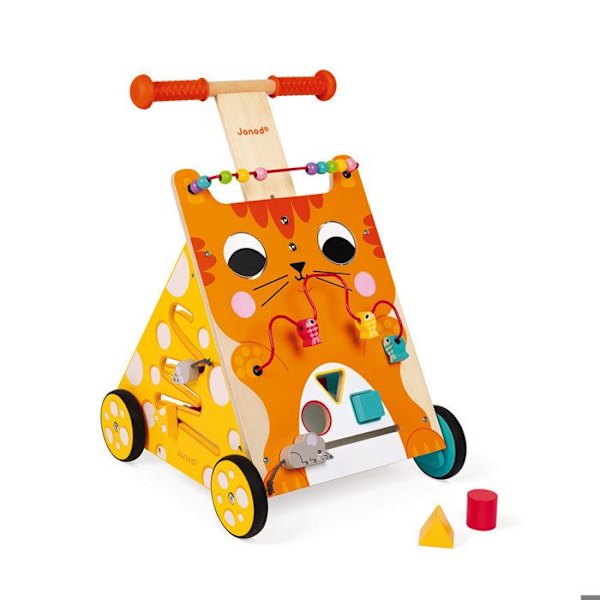 JANOD Wooden Cat Multi-Activity Trolley - Från 12 månader - 8 roliga aktiviteter - Skalbar Gul